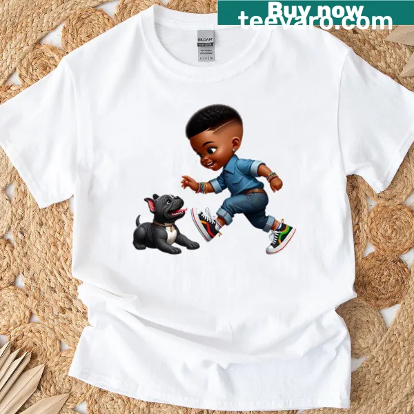 Cute cartoon puppy in denim graphic on kids' T-shirt