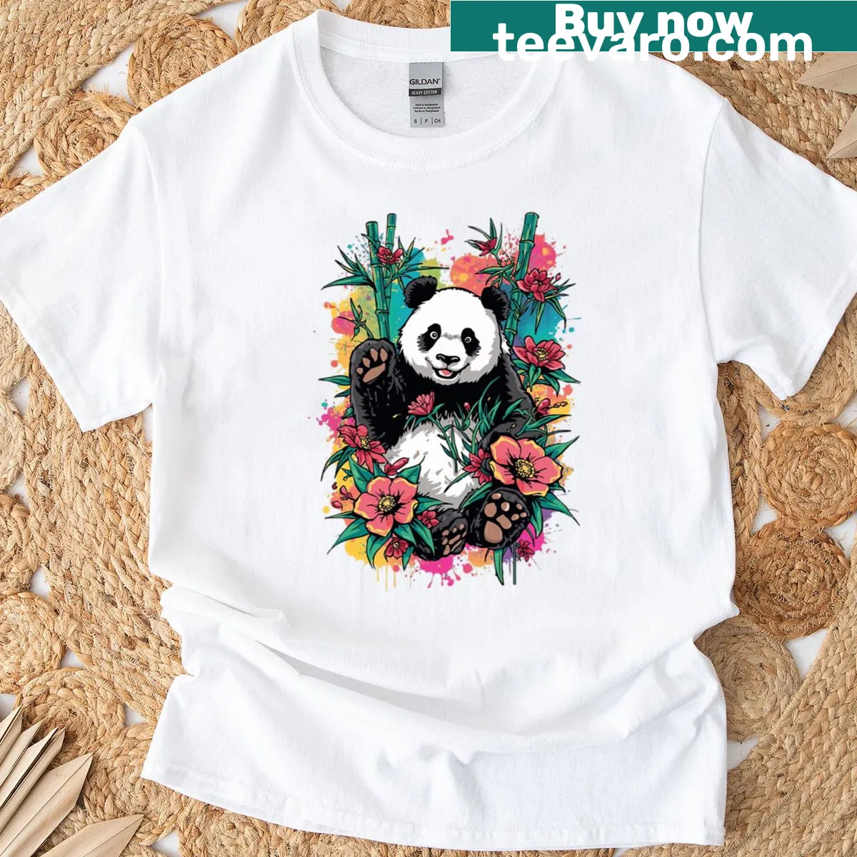 Cute T-shirt featuring a panda with floral designs — on a men's t-shirt