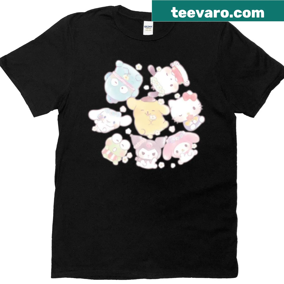 Cute t-shirt featuring Pochacco, Cinnamonroll, and My Melody in flower rain — on a men's t-shirt
