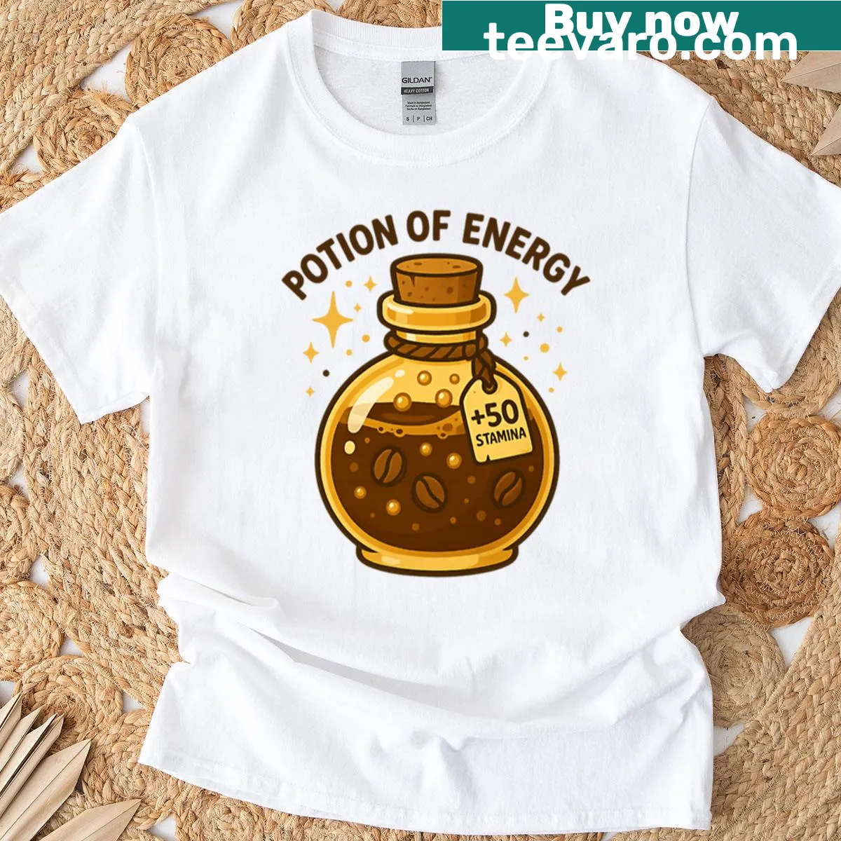 Funny t-shirt saying 'Potion of Energy 50 Stamina Coffee Brew' — on a men's t-shirt