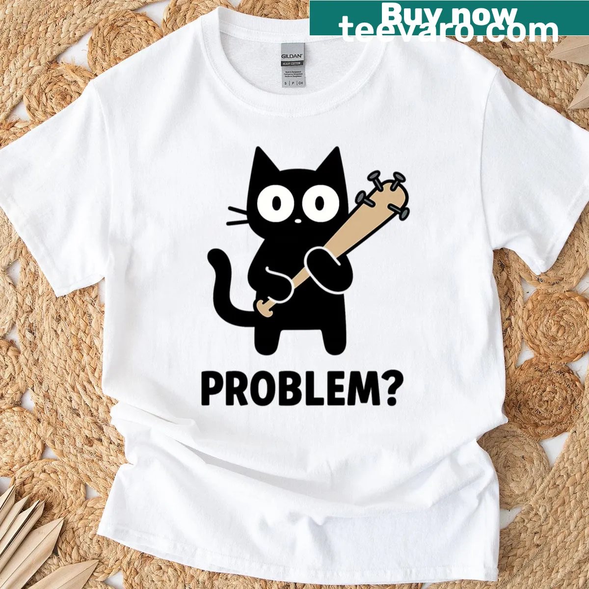 Funny cat graphic with a spiked bat on a T-shirt — on a men's t-shirt