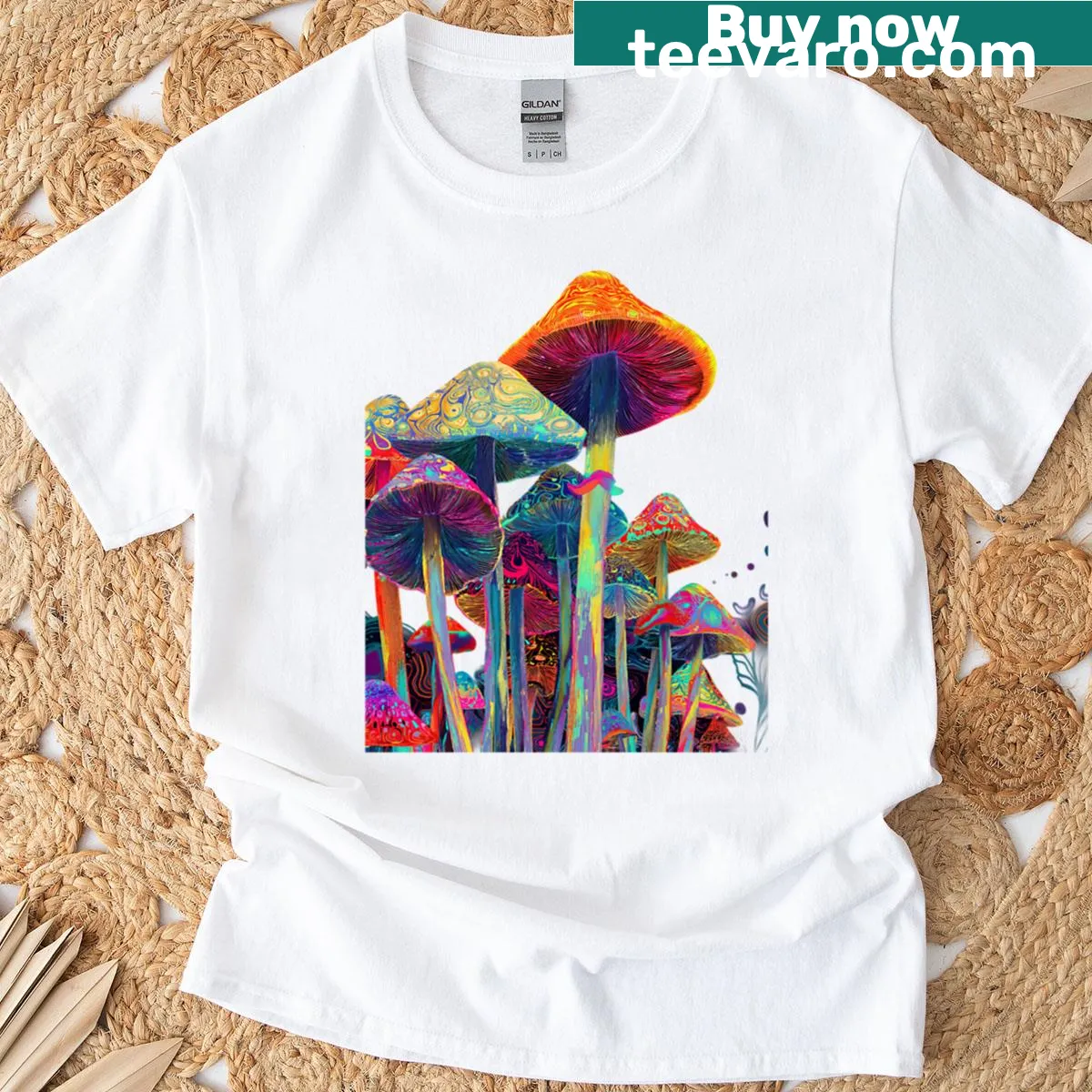 T-shirt with psychedelic mushroom design in a fantasy style — on a men's t-shirt