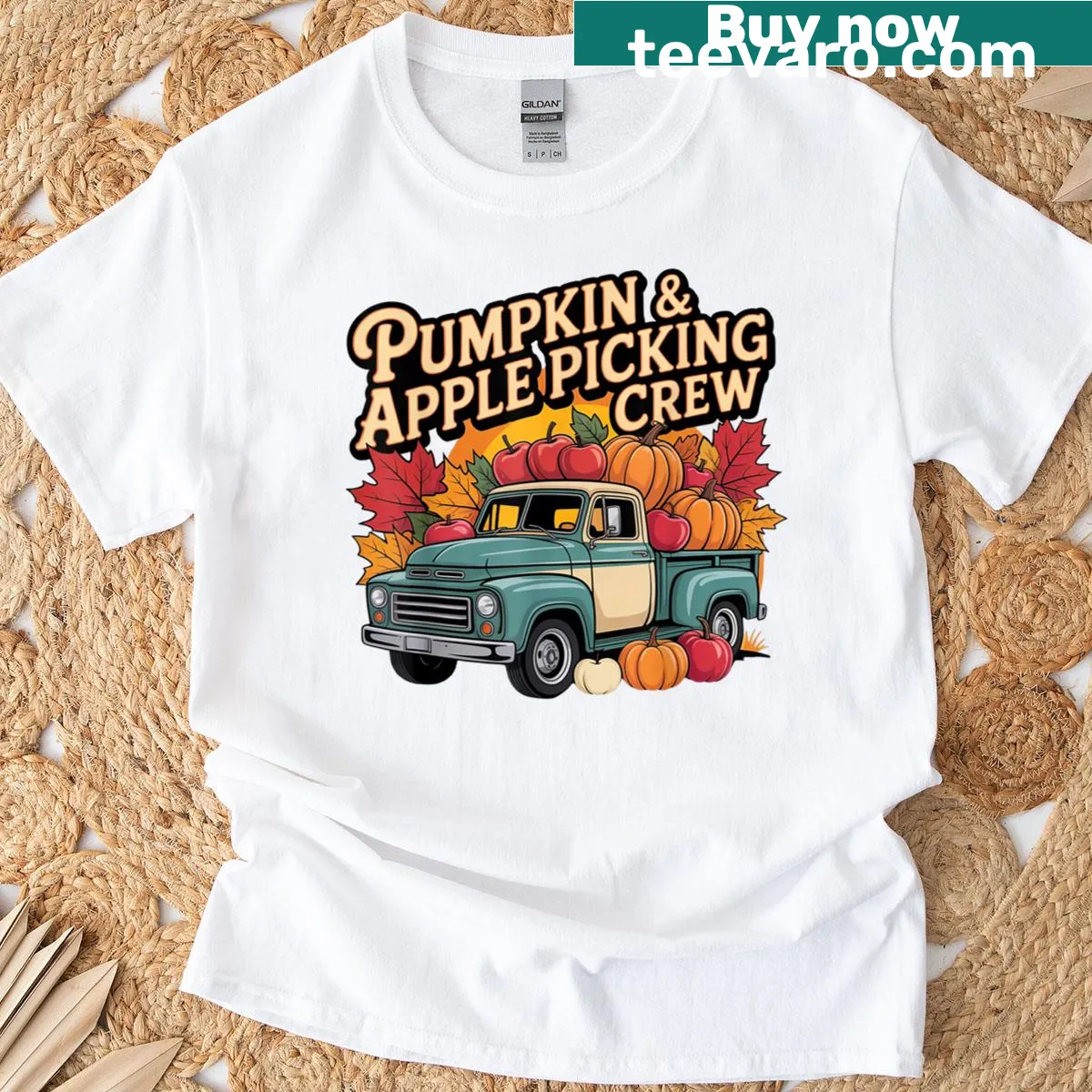 Fall harvest T-shirt with pumpkin and apple picking illustration — on a men's t-shirt