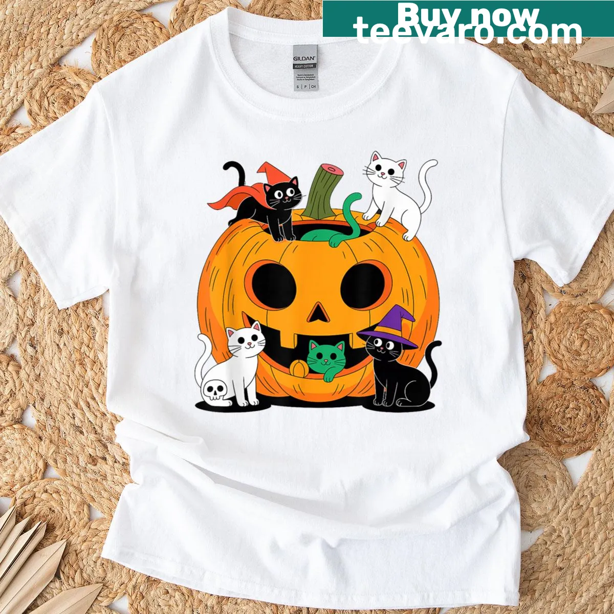 Whimsical T-shirt with cartoon cats and pumpkins for Halloween — on a men's t-shirt
