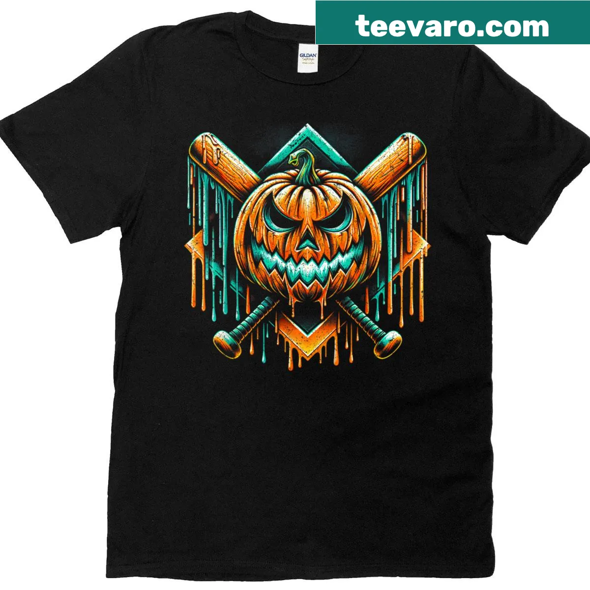Funny Halloween T-shirt with pumpkin and baseball graphic — on a men's t-shirt