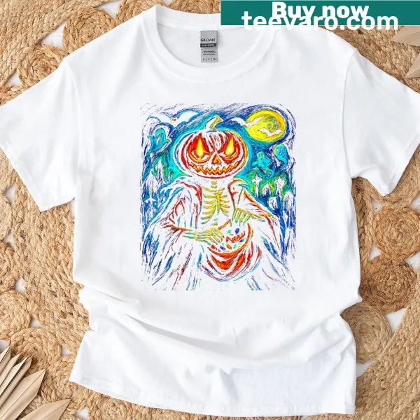 Whimsical pumpkin head skeleton t-shirt for Halloween