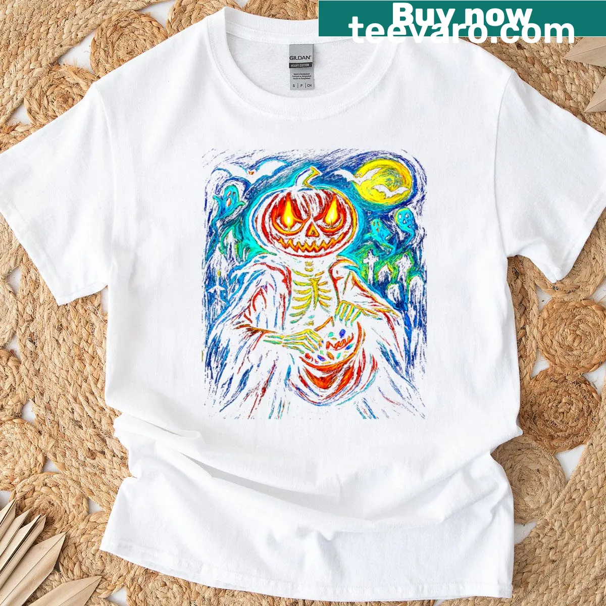 Whimsical pumpkin head skeleton t-shirt for Halloween — on a men's t-shirt