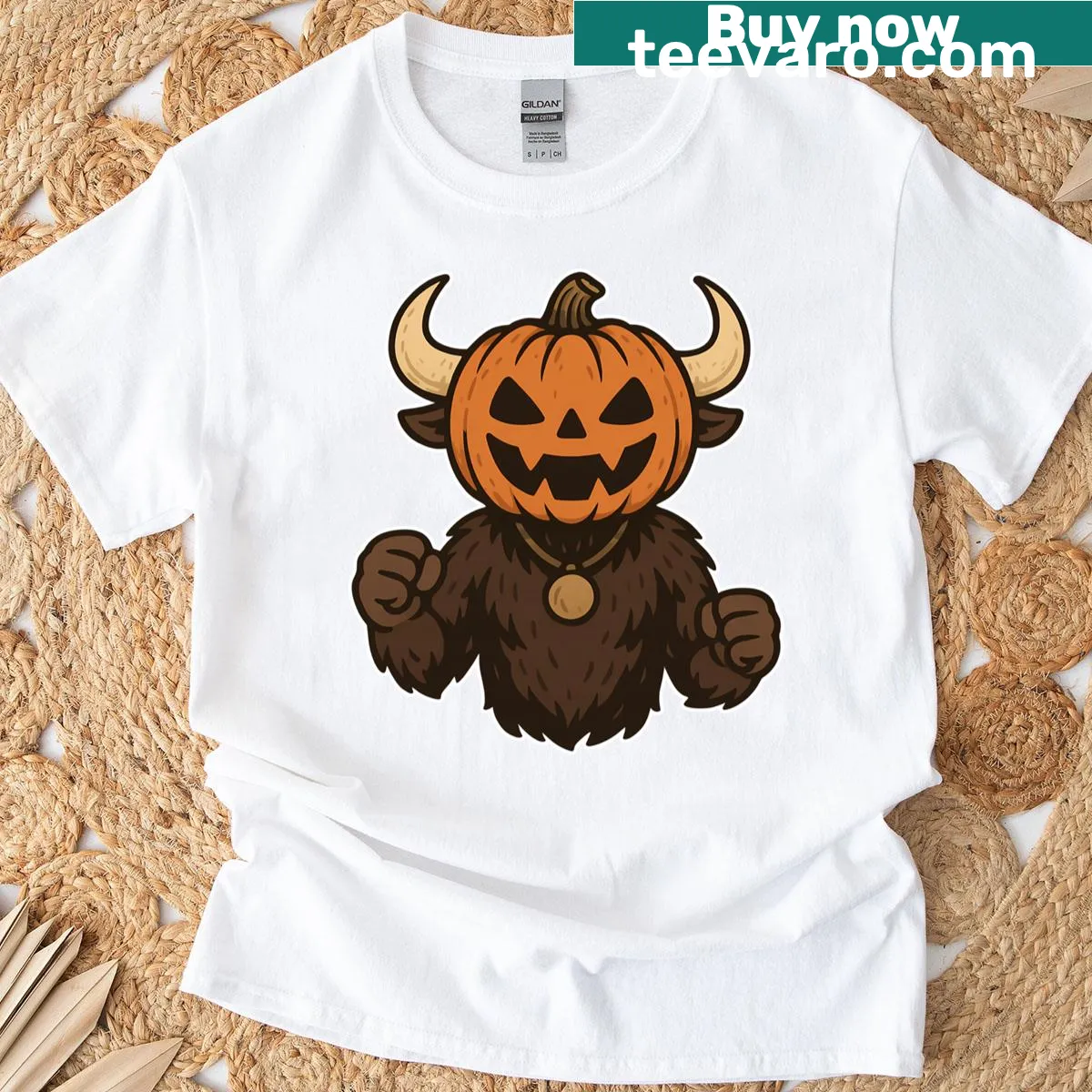 Whimsical pumpkin monster design on T-shirt with horns — on a men's t-shirt