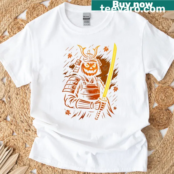 T-shirt featuring a samurai with a pumpkin design for Halloween