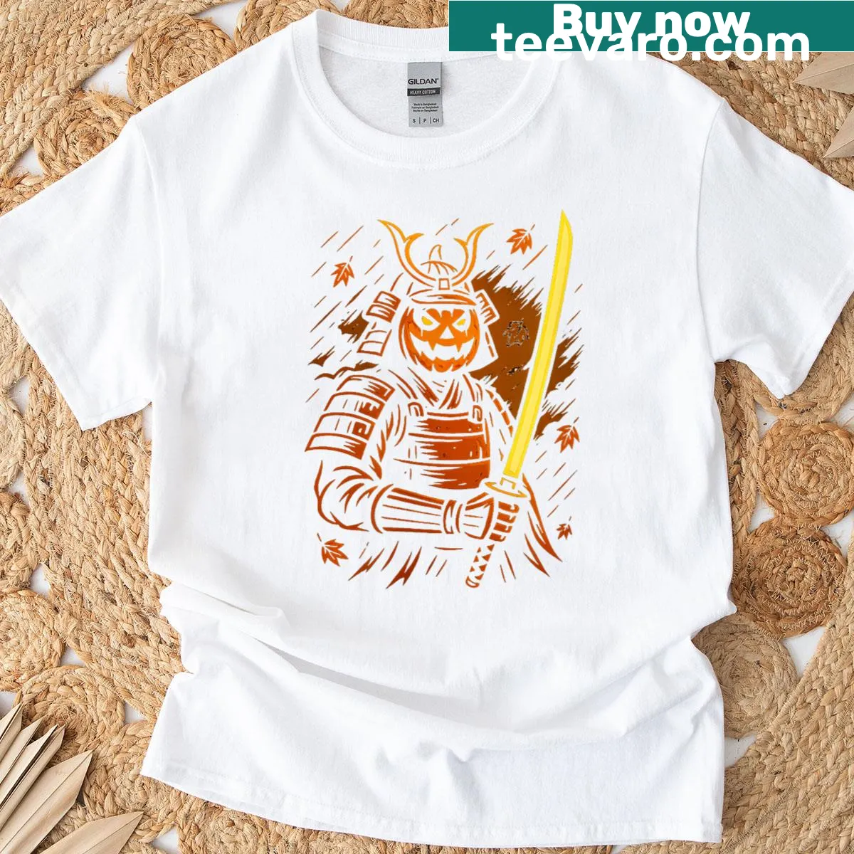 T-shirt featuring a samurai with a pumpkin design for Halloween — on a men's t-shirt