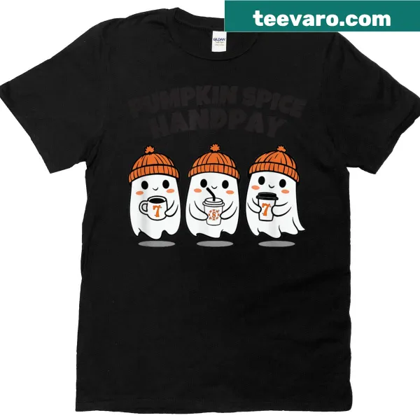 Cartoon ghosts with pumpkin spice graphic on Halloween T-shirt