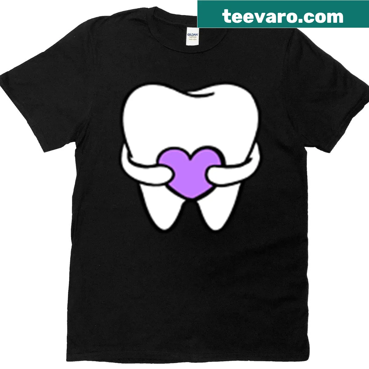 Cartoon tooth graphic on a purple t-shirt — on a men's t-shirt