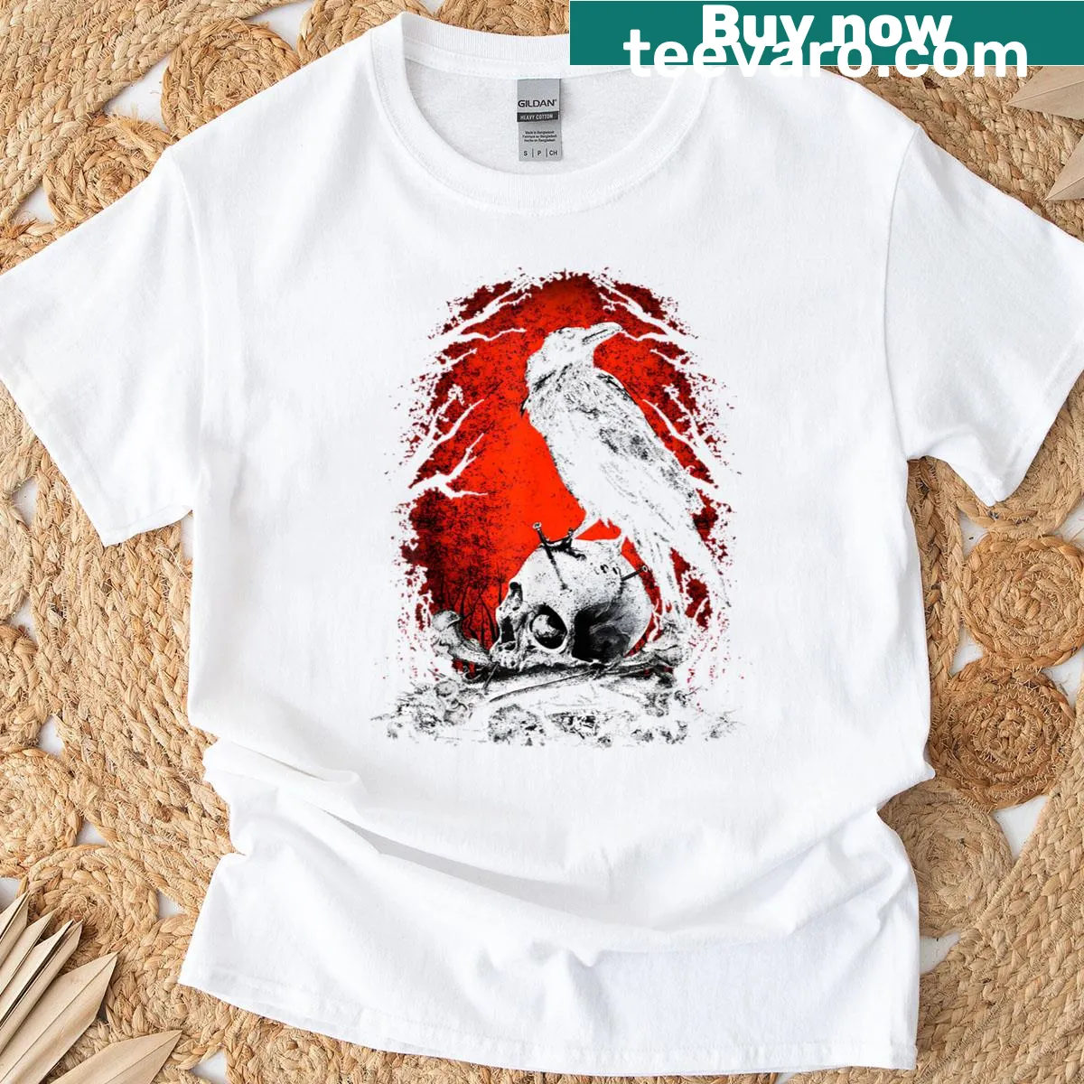 Gothic t-shirt with raven skull and red moon graphic — on a men's t-shirt