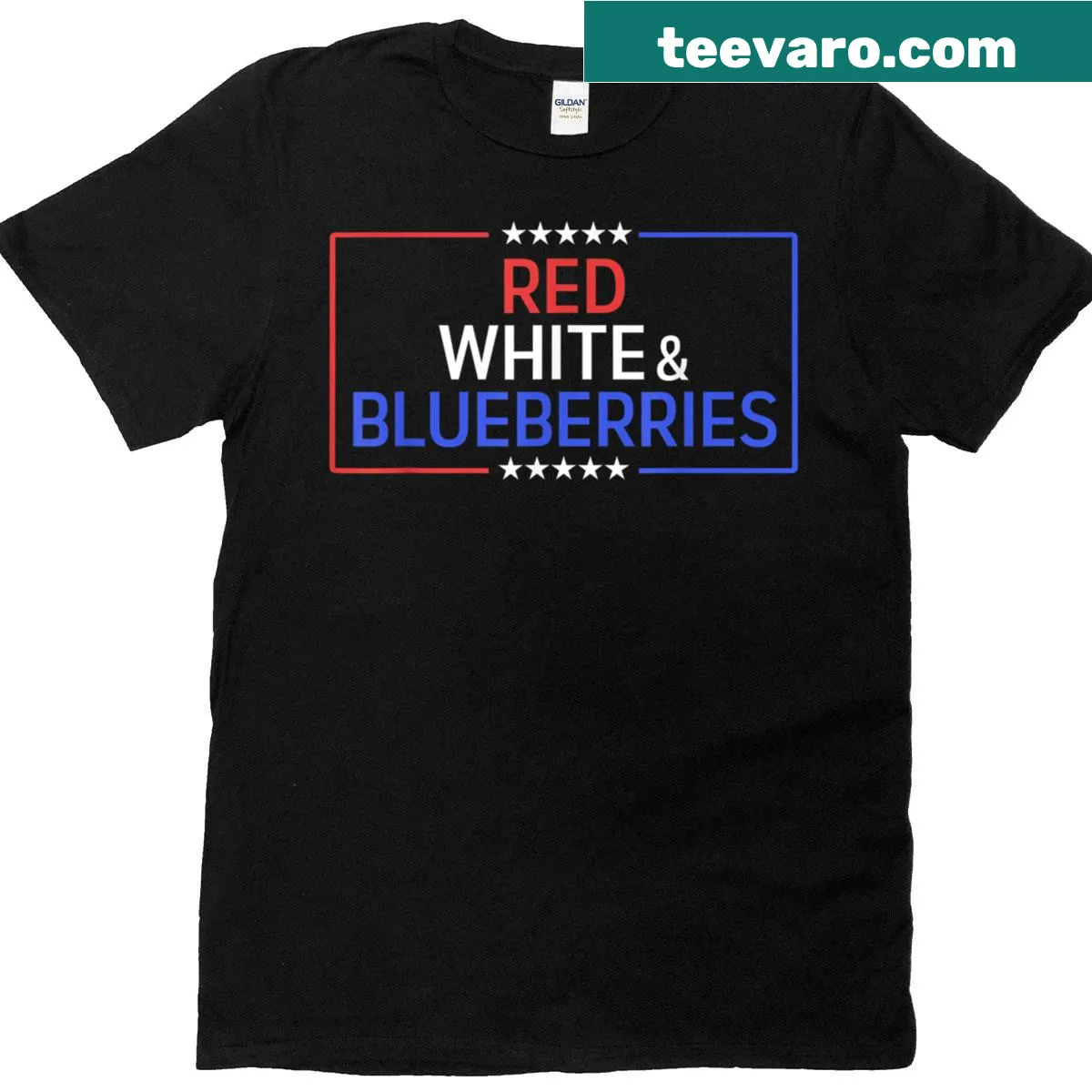 Patriotic shirt with blueberries and red, white, and blue design — on a men's t-shirt