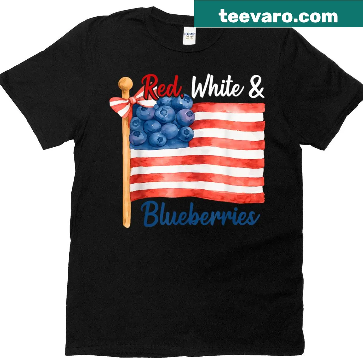 Patriotic T-shirt with blueberries and American flag design. — on a men's t-shirt