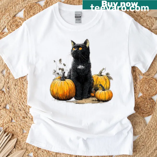 Retro Halloween T-shirt with black cat and pumpkin graphic