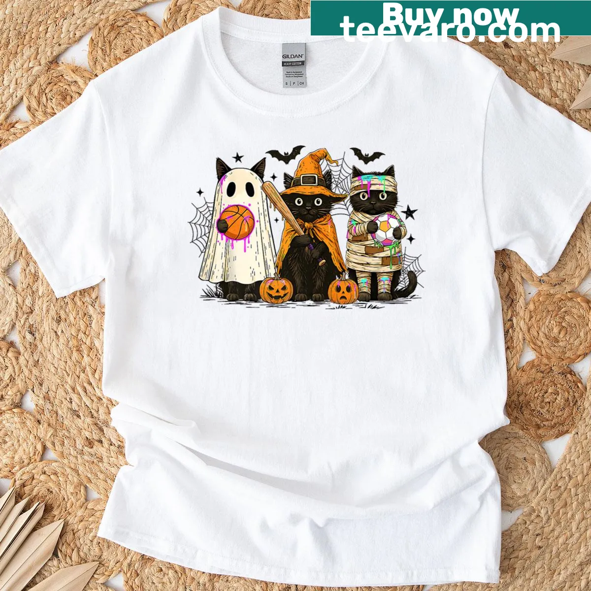 Vintage-style black cat witch graphic for Halloween on a premium T-shirt — on a men's t-shirt