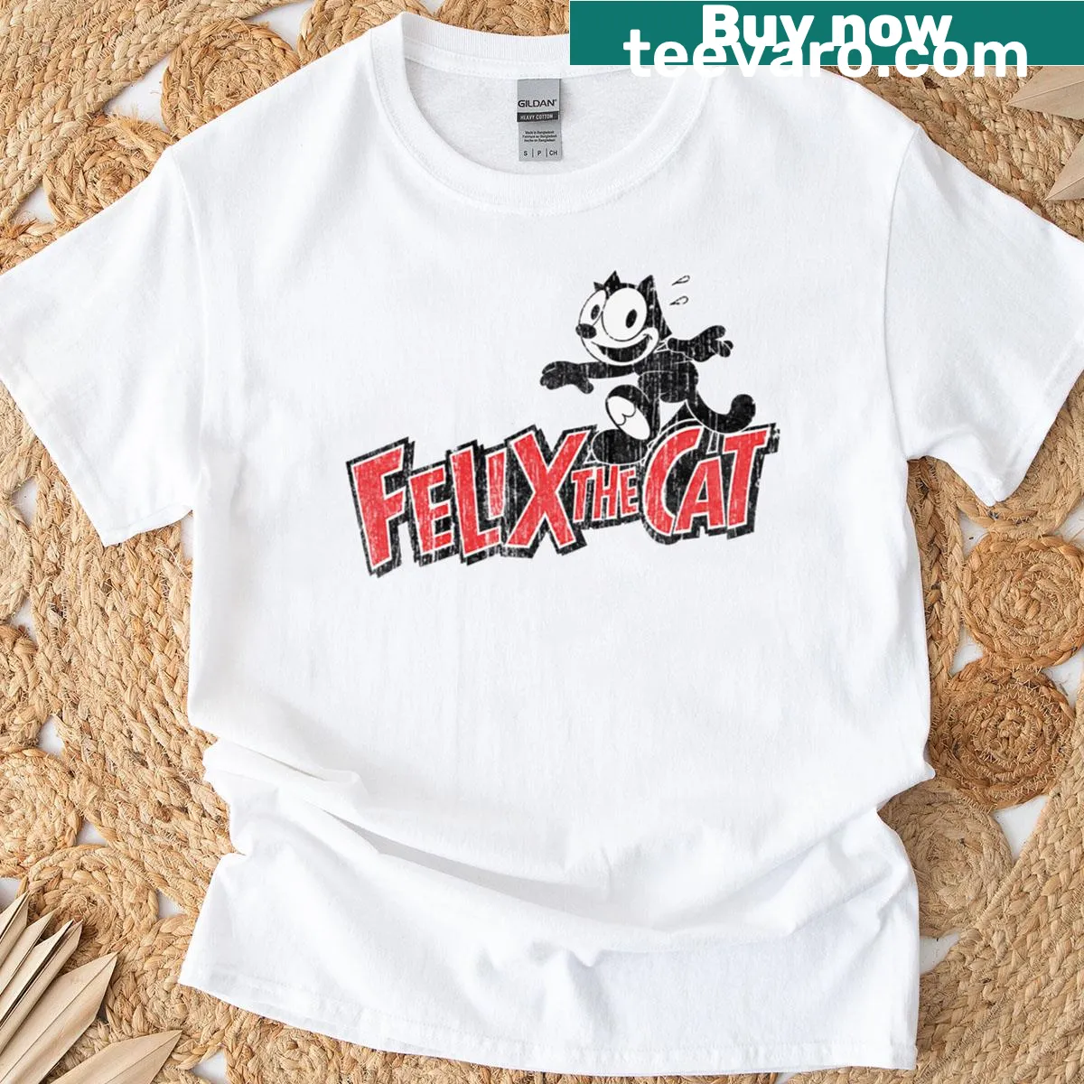 80s cat cartoon graphic on vintage movie-themed t-shirt — on a men's t-shirt