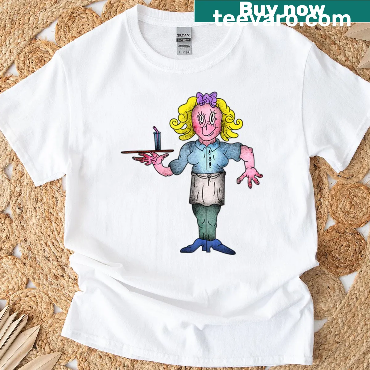 Illustrative diner waitress vintage t-shirt design — on a men's t-shirt