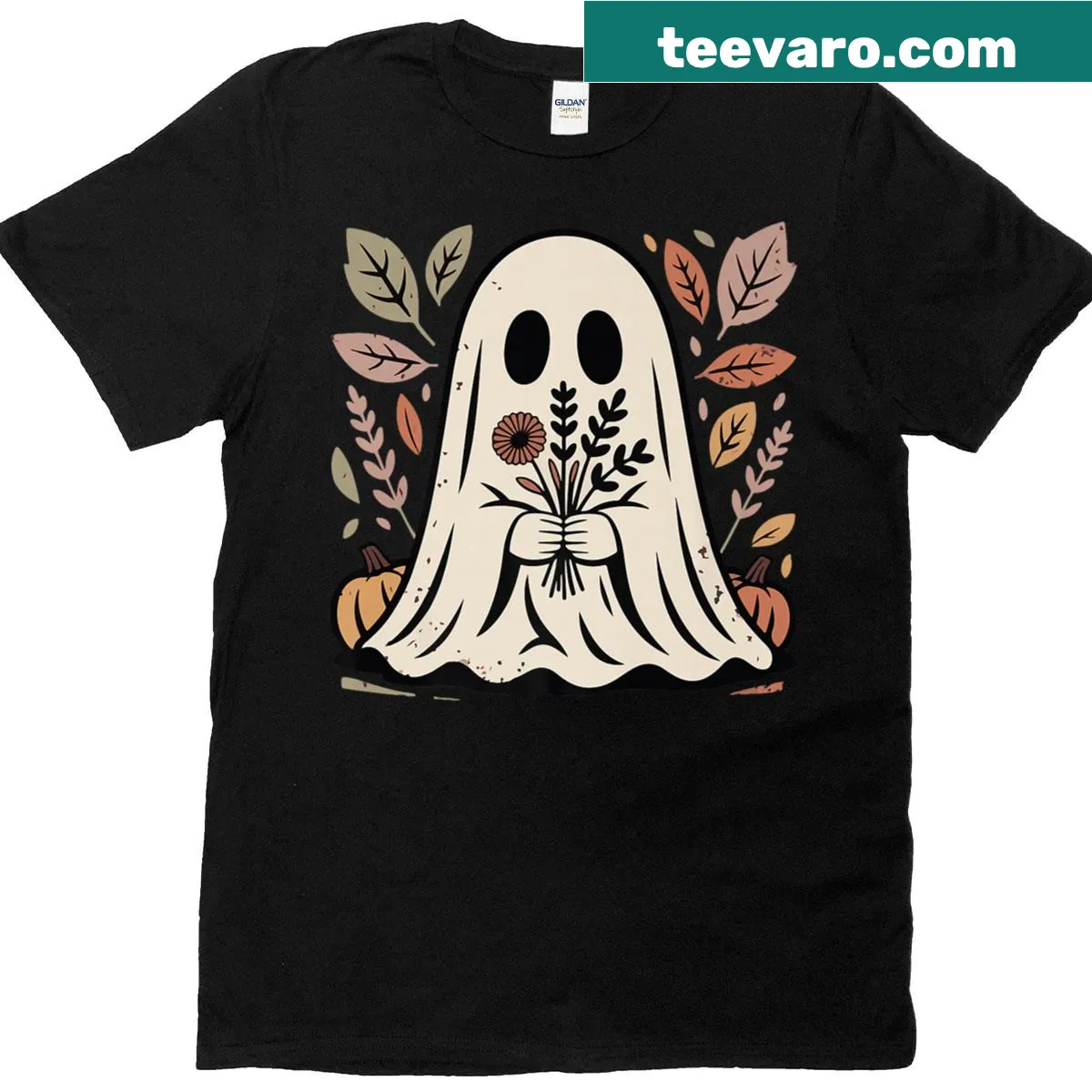 Retro Halloween-themed T-shirt with pumpkins and ghosts — on a men's t-shirt