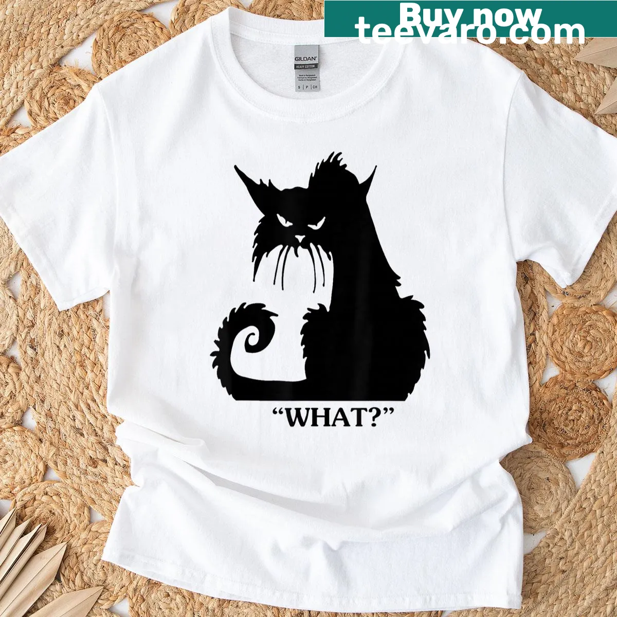 Vintage distressed T-shirt featuring a funny black cat graphic — on a men's t-shirt