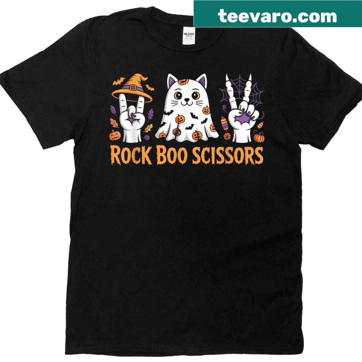 Cute cat illustration with 'Rock Boo Scissors' text for kids' Halloween T-shirt — on a men's t-shirt