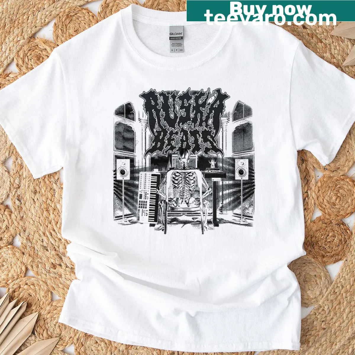 Funny music-themed t-shirt with Ruska Beats Fngo graphic — on a men's t-shirt