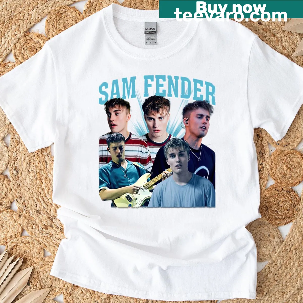 Text graphic celebrating Sam Fender on a T-shirt — on a men's t-shirt