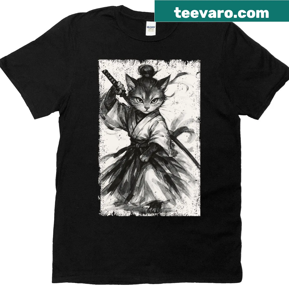 Cat in samurai armor on a whimsical T-shirt — on a men's t-shirt