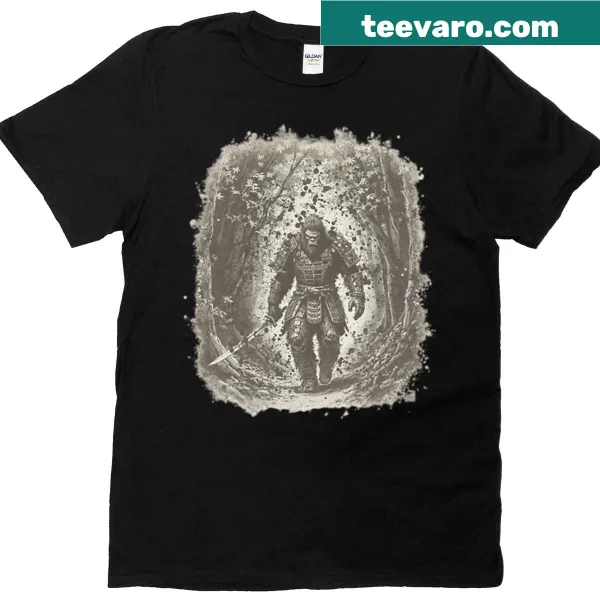 Bigfoot in samurai stance on vintage-style T-shirt design