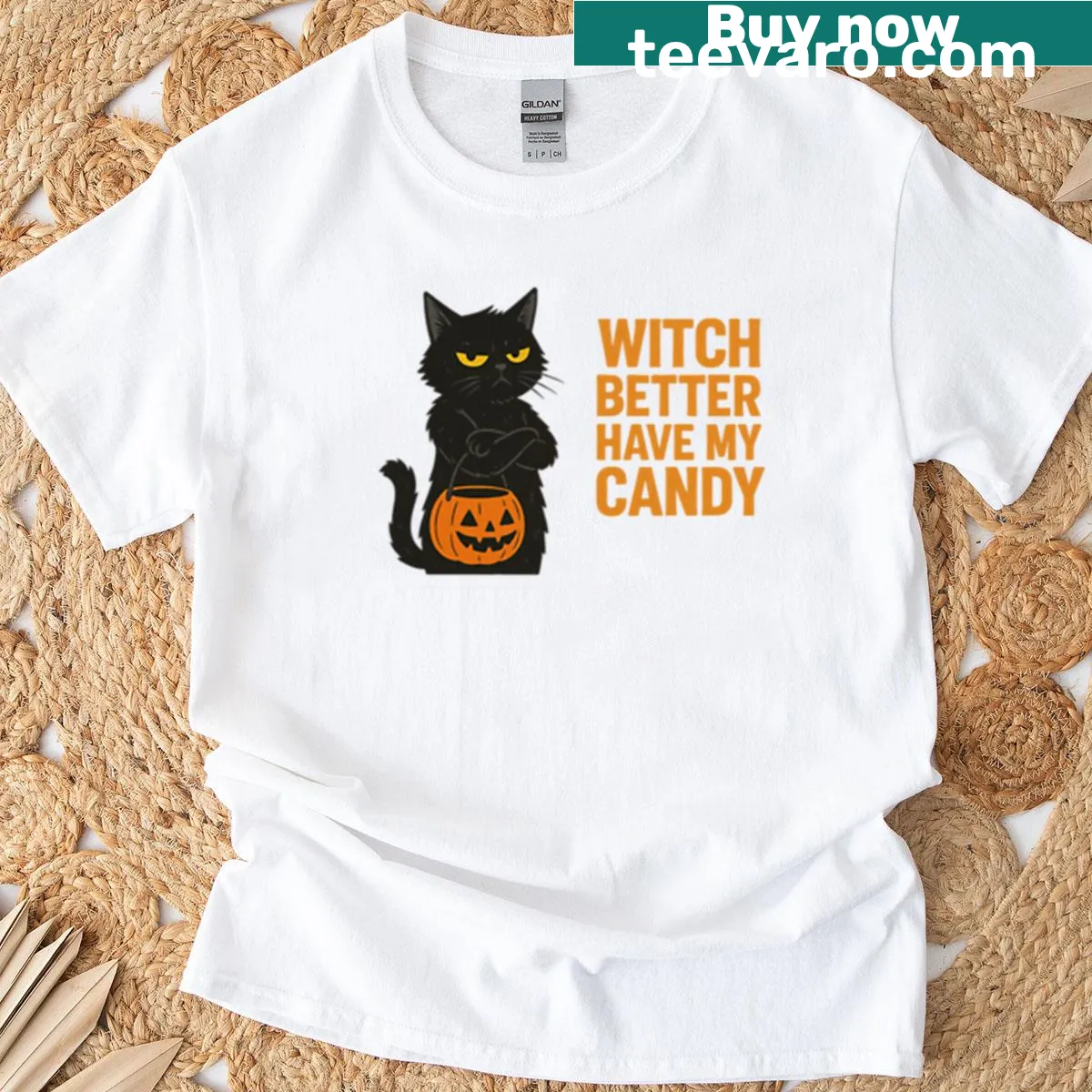 Sassy Halloween T-shirt with black cat design — on a men's t-shirt