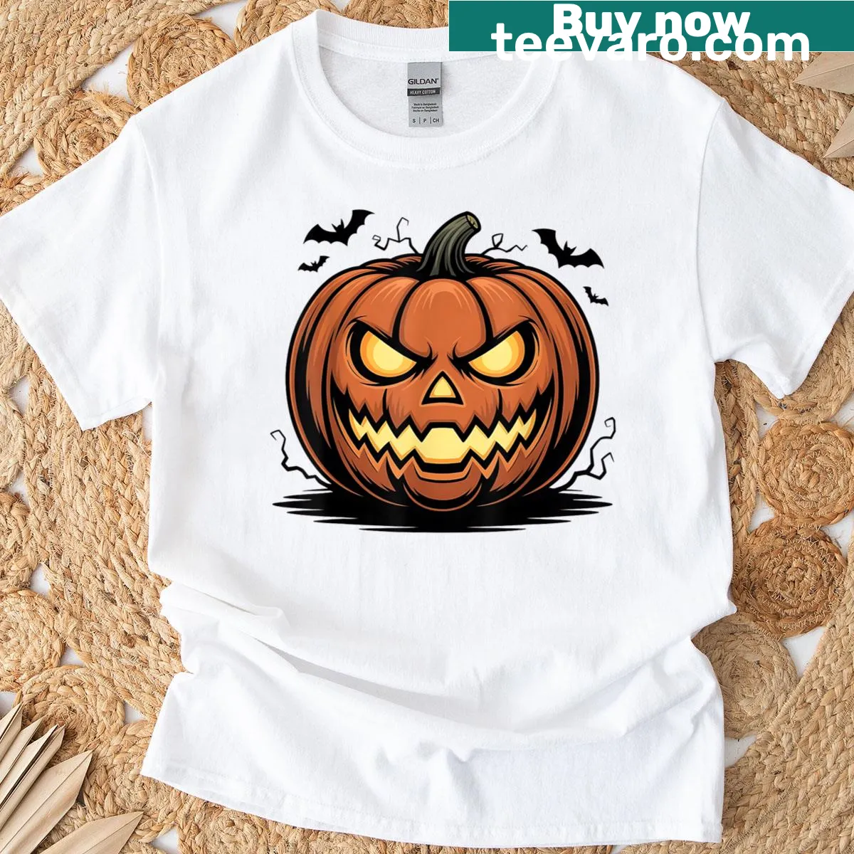 Retro T-shirt featuring a scary pumpkin face design — on a men's t-shirt