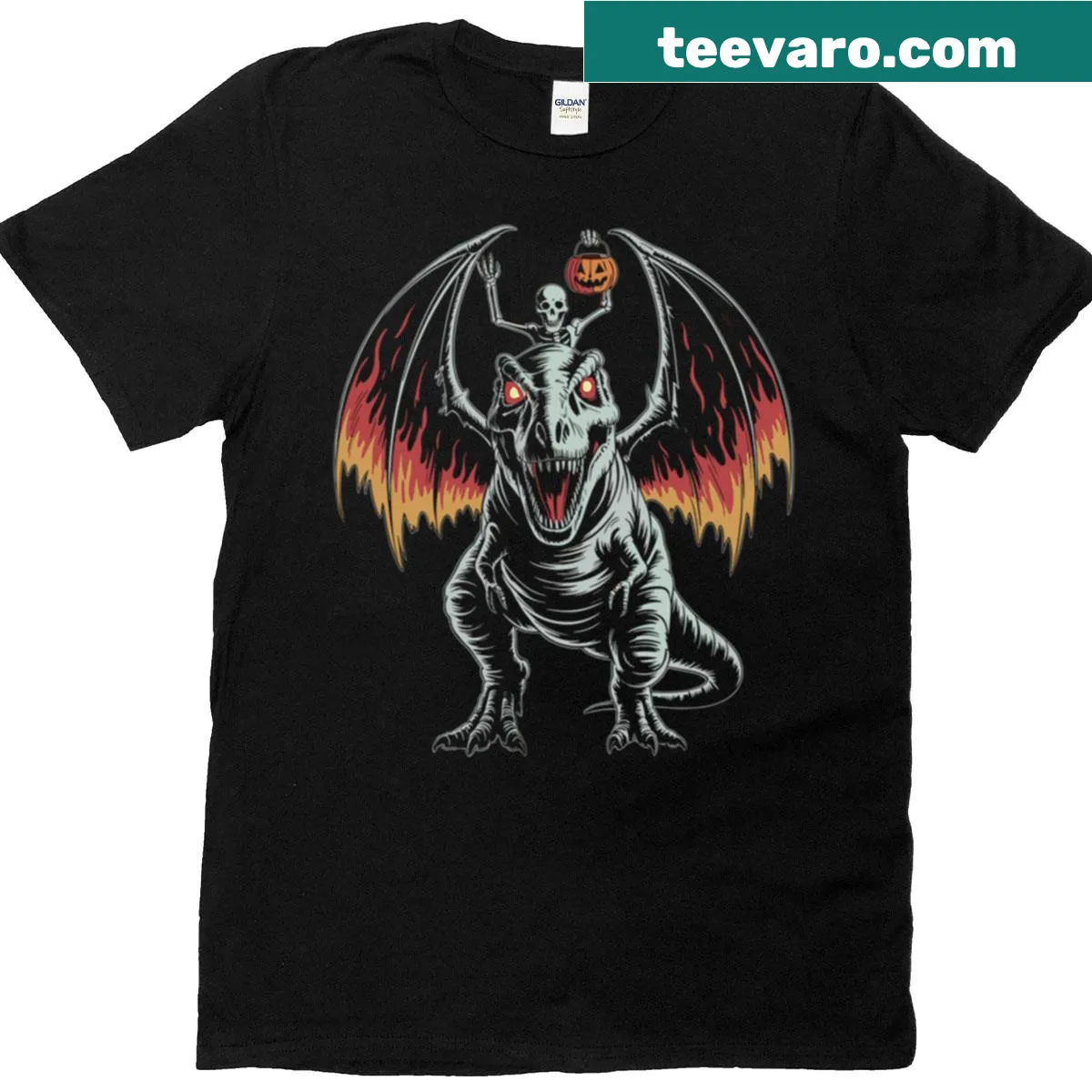 Cartoon design of a skeleton riding a T-rex with pumpkins for Halloween — on a men's t-shirt