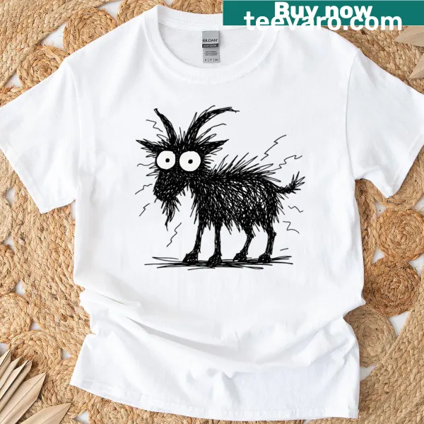 Scribble art t-shirt featuring a shocked goat illustration