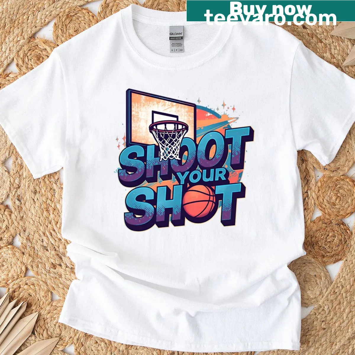 Oversized T-shirt with motivational 'Shoot Your Shot' basketball design. — on a men's t-shirt