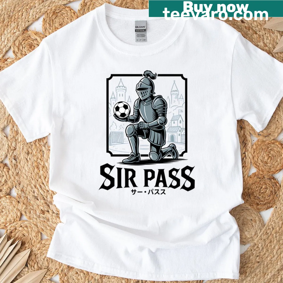 Funny medieval-themed t-shirt with Sir Pass graphic — on a men's t-shirt