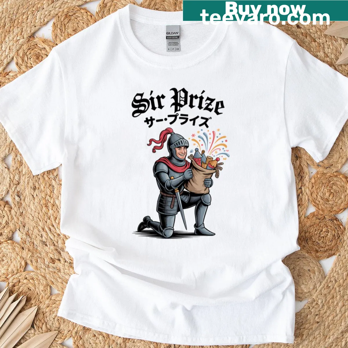 Funny medieval-themed t-shirt with 'Sir Prize' text — on a men's t-shirt
