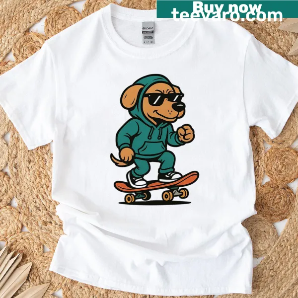 T-shirt featuring a playful illustration of a skateboarding dog.