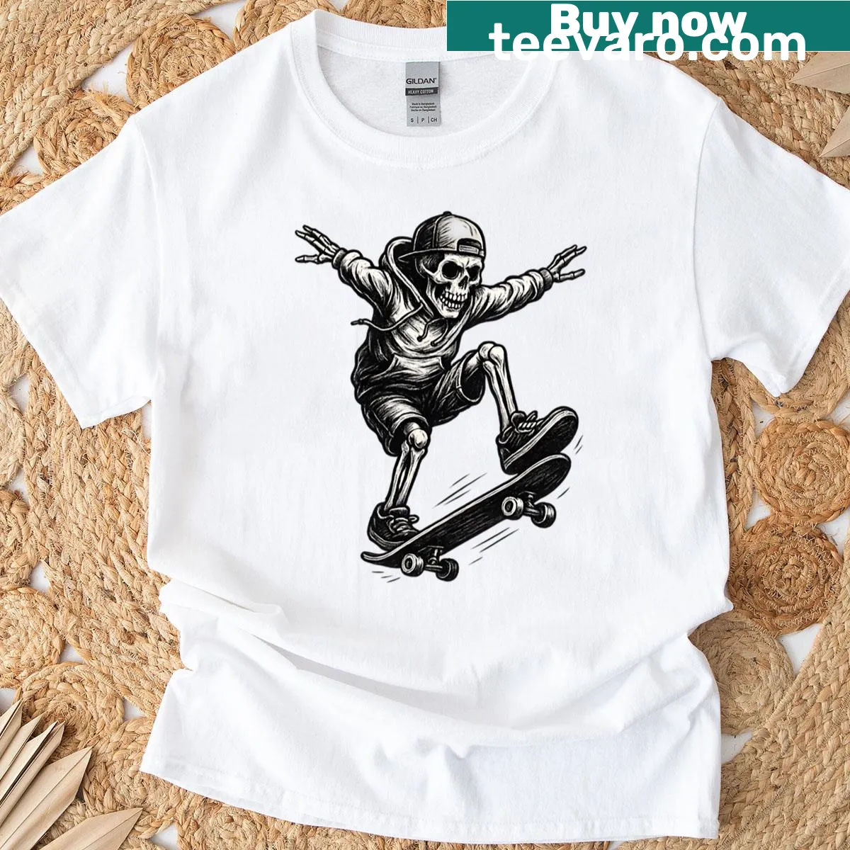 Skeleton graphic on skateboard T-shirt with a fun twist — on a men's t-shirt