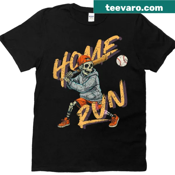 Humorous Halloween t-shirt featuring a skeleton playing baseball
