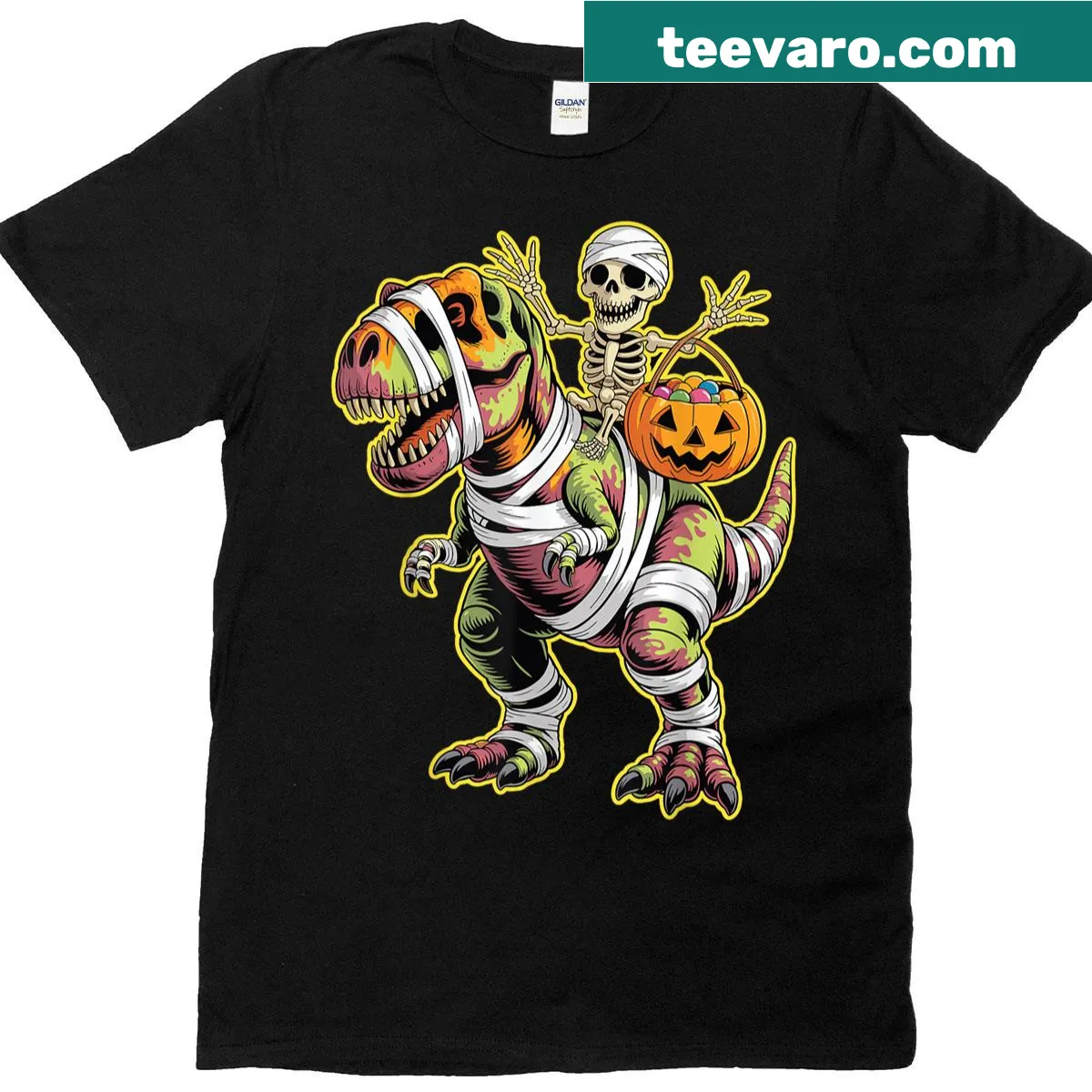 Cartoon skeleton T-Rex Halloween T-shirt for kids — on a men's t-shirt