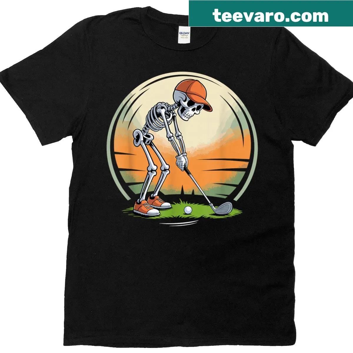Skeleton golfer T-shirt with Halloween theme and retro sunset design — on a men's t-shirt