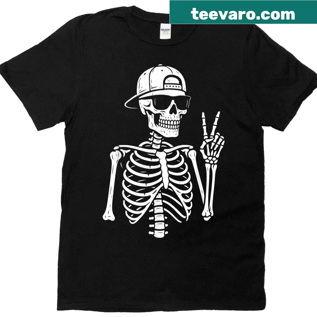 Skeleton hand peace sign on a retro Halloween T-shirt — on a men's t-shirt