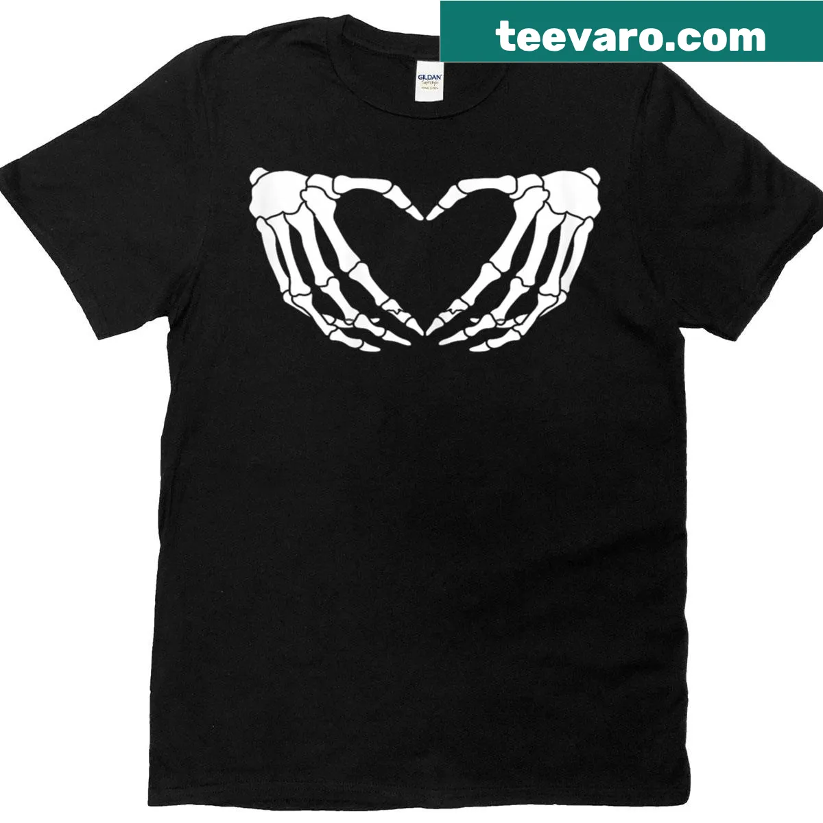 Skeleton hands forming heart sign retro Halloween t-shirt — on a men's t-shirt