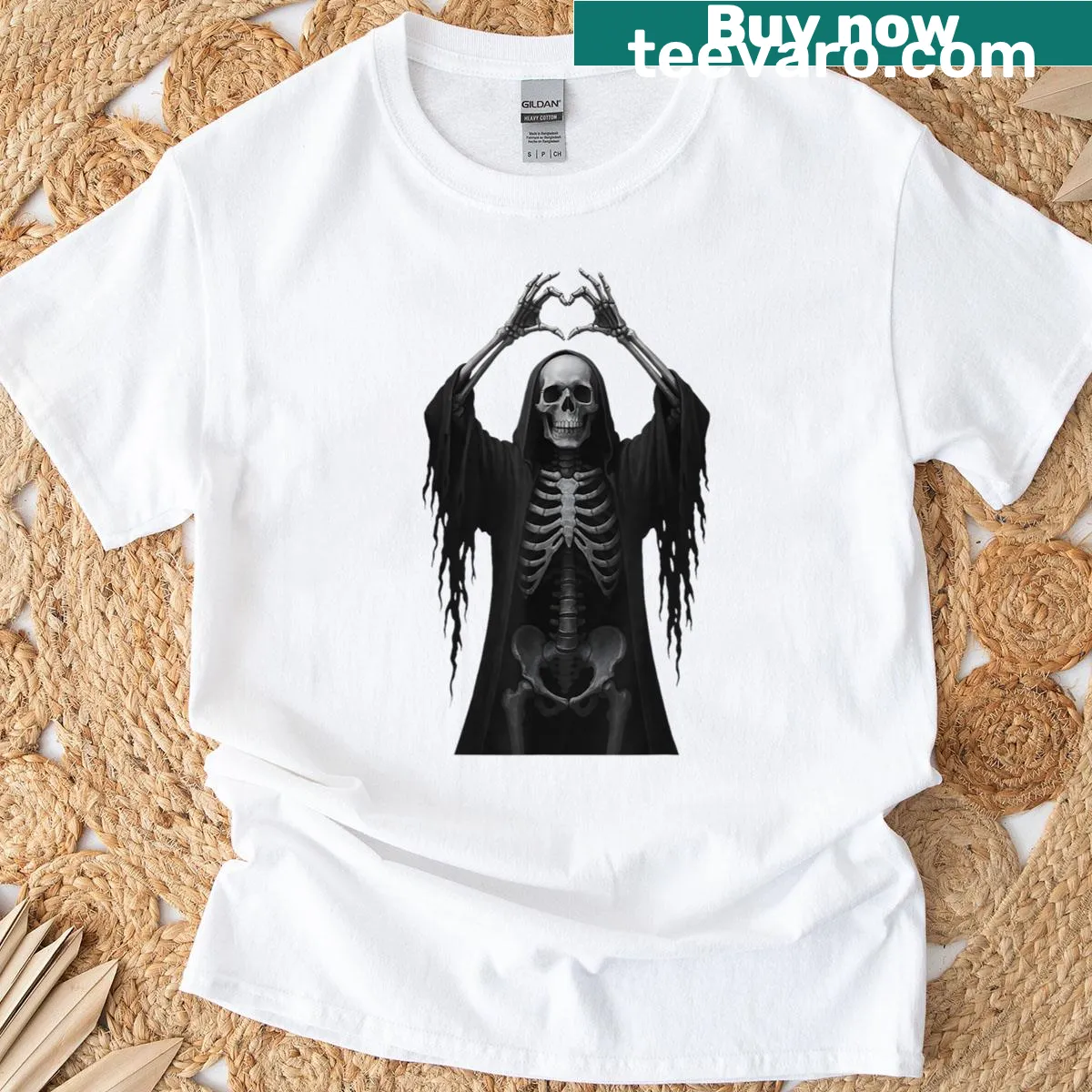 Funny Halloween t-shirt with skeleton hands making a heart sign — on a men's t-shirt