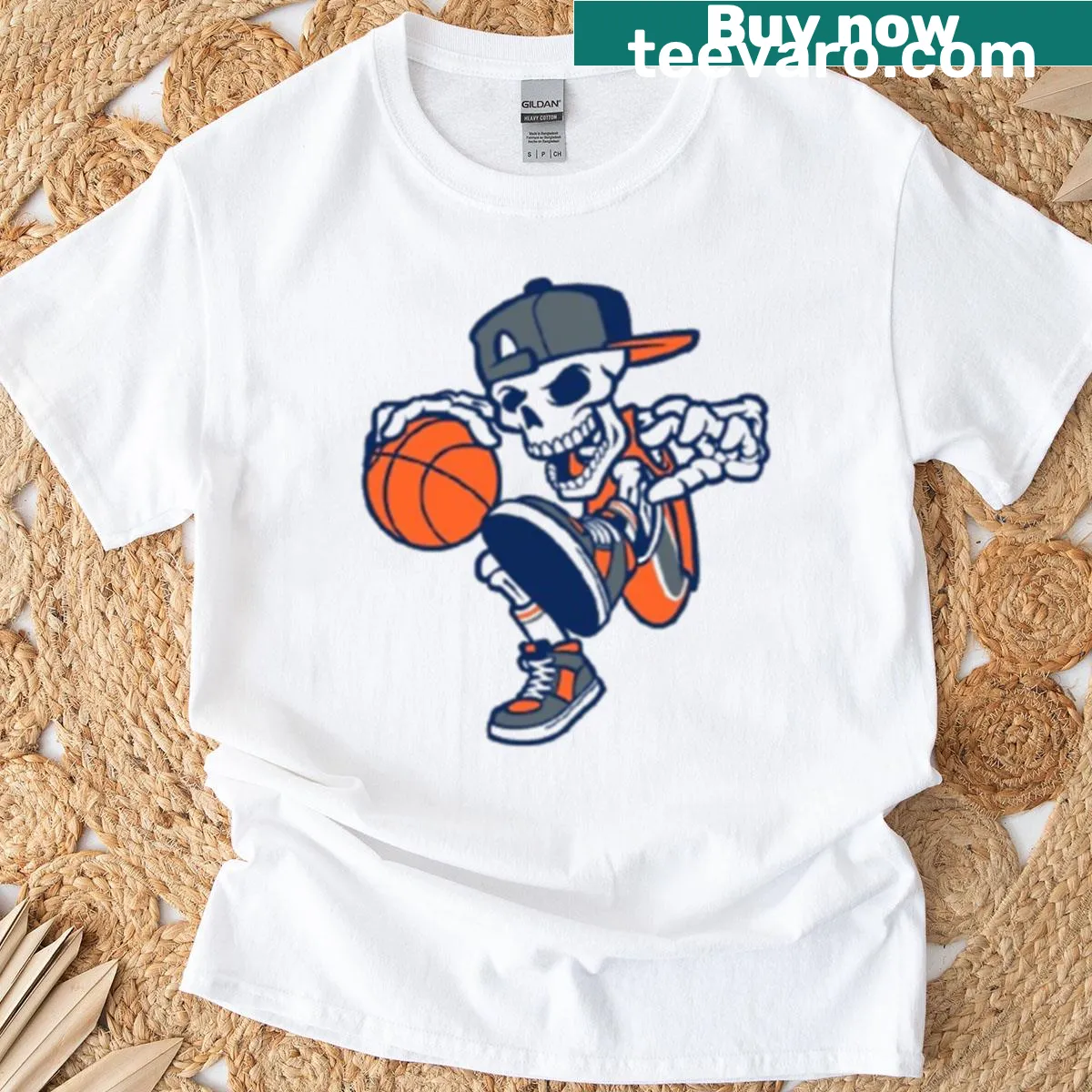 Whimsical t-shirt featuring a skeleton playing basketball in a humorous style. — on a men's t-shirt