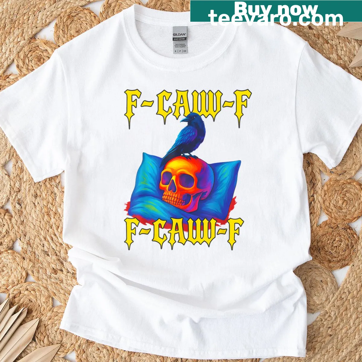 Halloween T-shirt featuring a skull and crow design with a dark theme — on a men's t-shirt