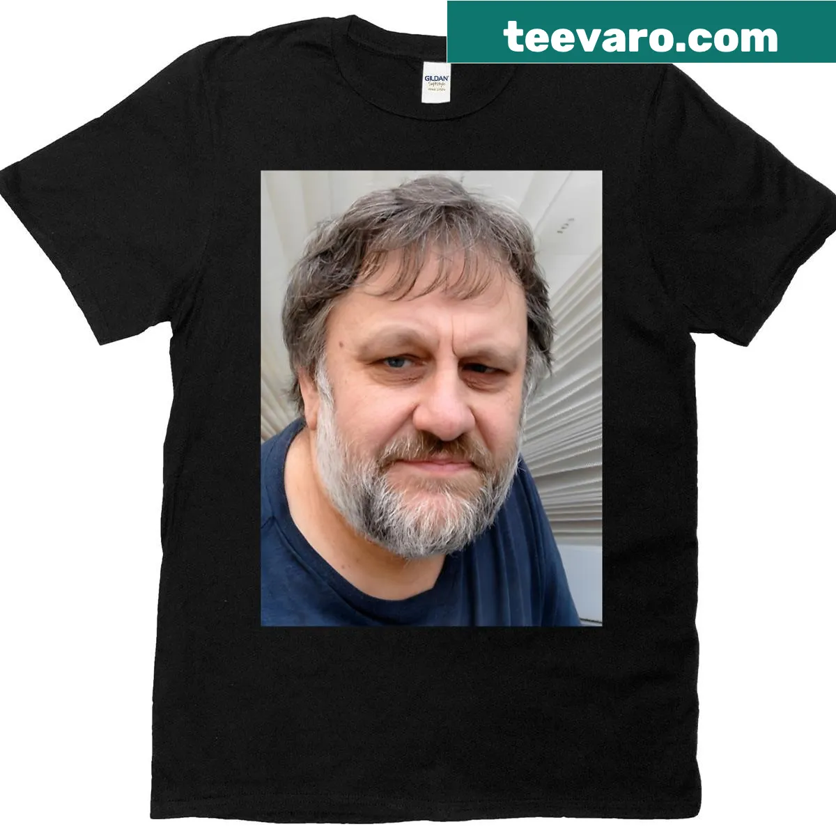T-shirt featuring a portrait of Slavoj Žižek with philosophical themes — on a men's t-shirt