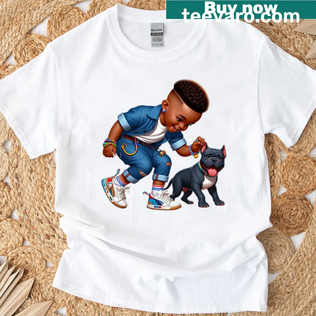 Cute digital illustration of a smiling boy with a puppy on a T-shirt. — on a men's t-shirt