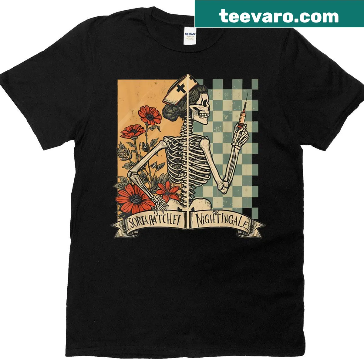 Skeleton nurse graphic on Halloween-themed t-shirt for nurses — on a men's t-shirt